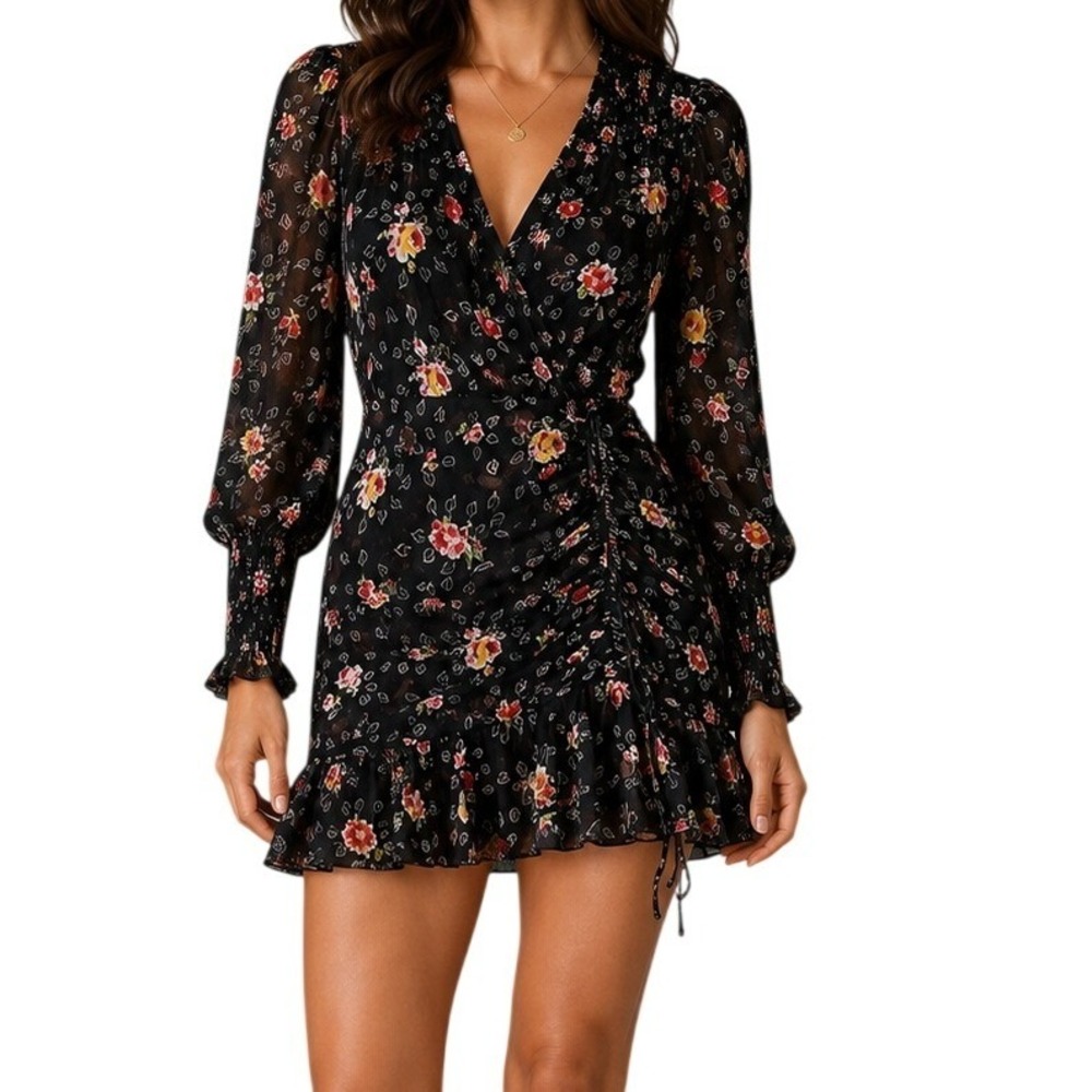 Veronica Beard Black Floral Silk Smocked Wrap Mini Dress Women's 0